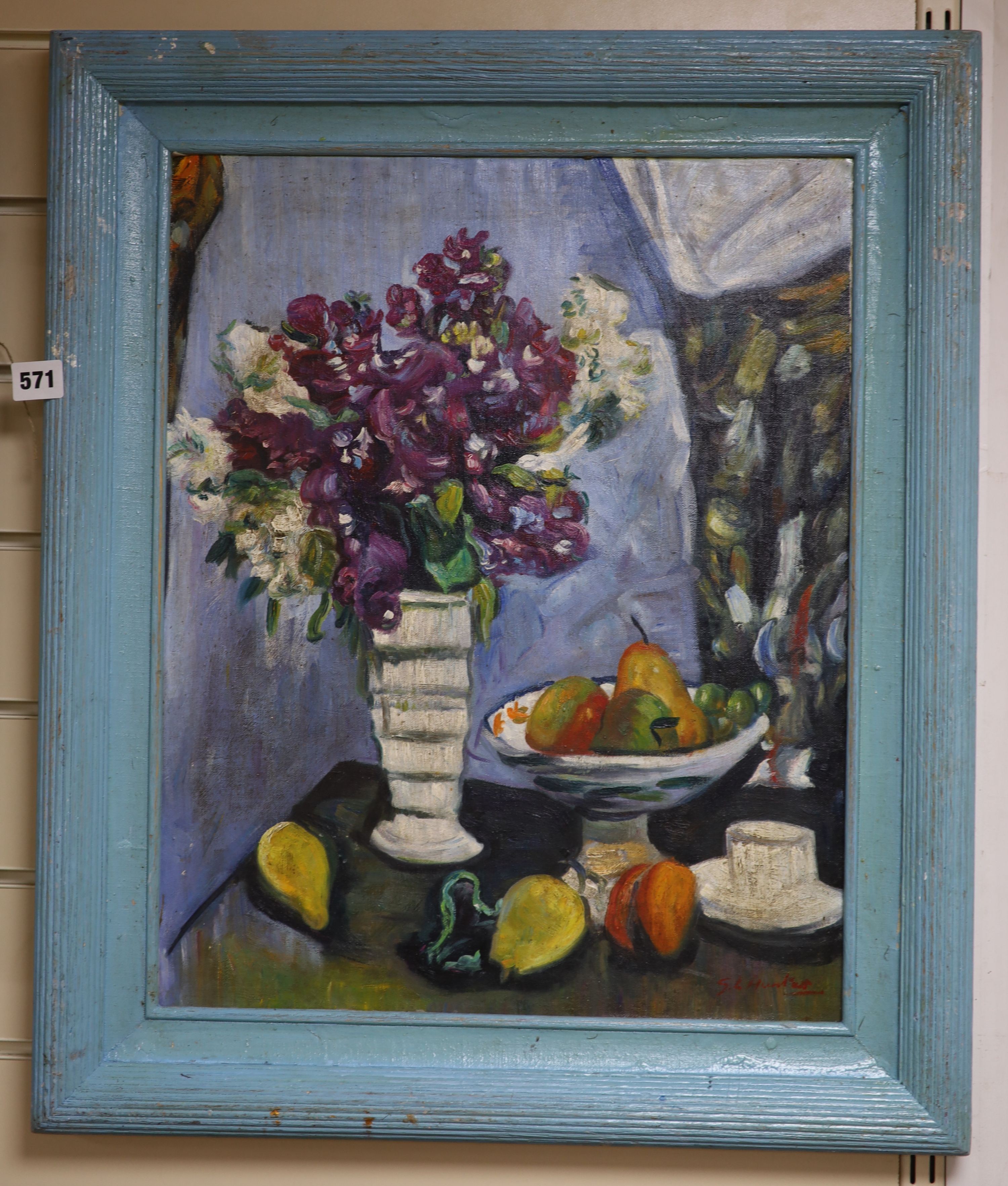 After George Leslie Hunter, oil on board still life of flowers and fruit on the table top, bears signature, 50 x 40 cm.